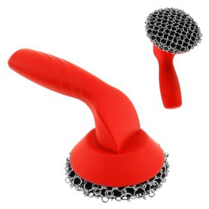 Txkrhwa Cast Iron Scrubber with Silicone Handle, Cast Iron Cleaner Brush, Stainless Steel Chain Mail Scrubber, Cast Iron Sponge Scrubber for Cleaning Pots Pans Skillet