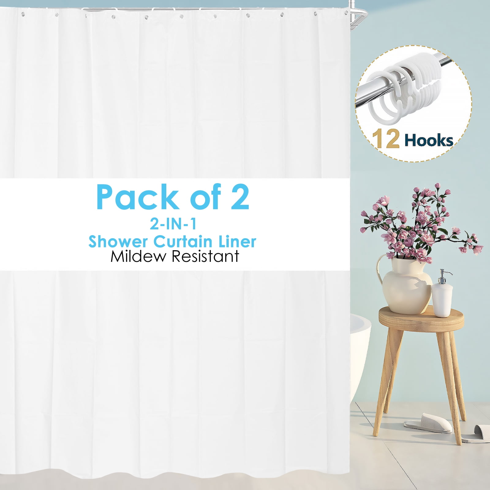 Dznils Extra Long White PEVA Shower Curtain Liner with Hooks Mildew Resistant, 70" W x 78" H, 2 Pack
