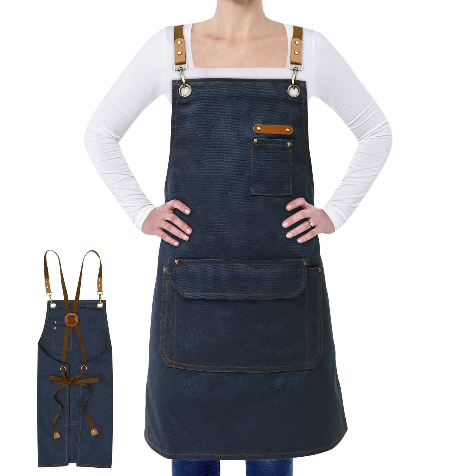 Txkrhwa Shop Aprons for Barista Bartender Hairstylist Painting Gardening Work, Adjustable Cross Back Strap Apron with Large Pocket, Canvas Chef Apron for Kitchen Cooking Baking Grilling