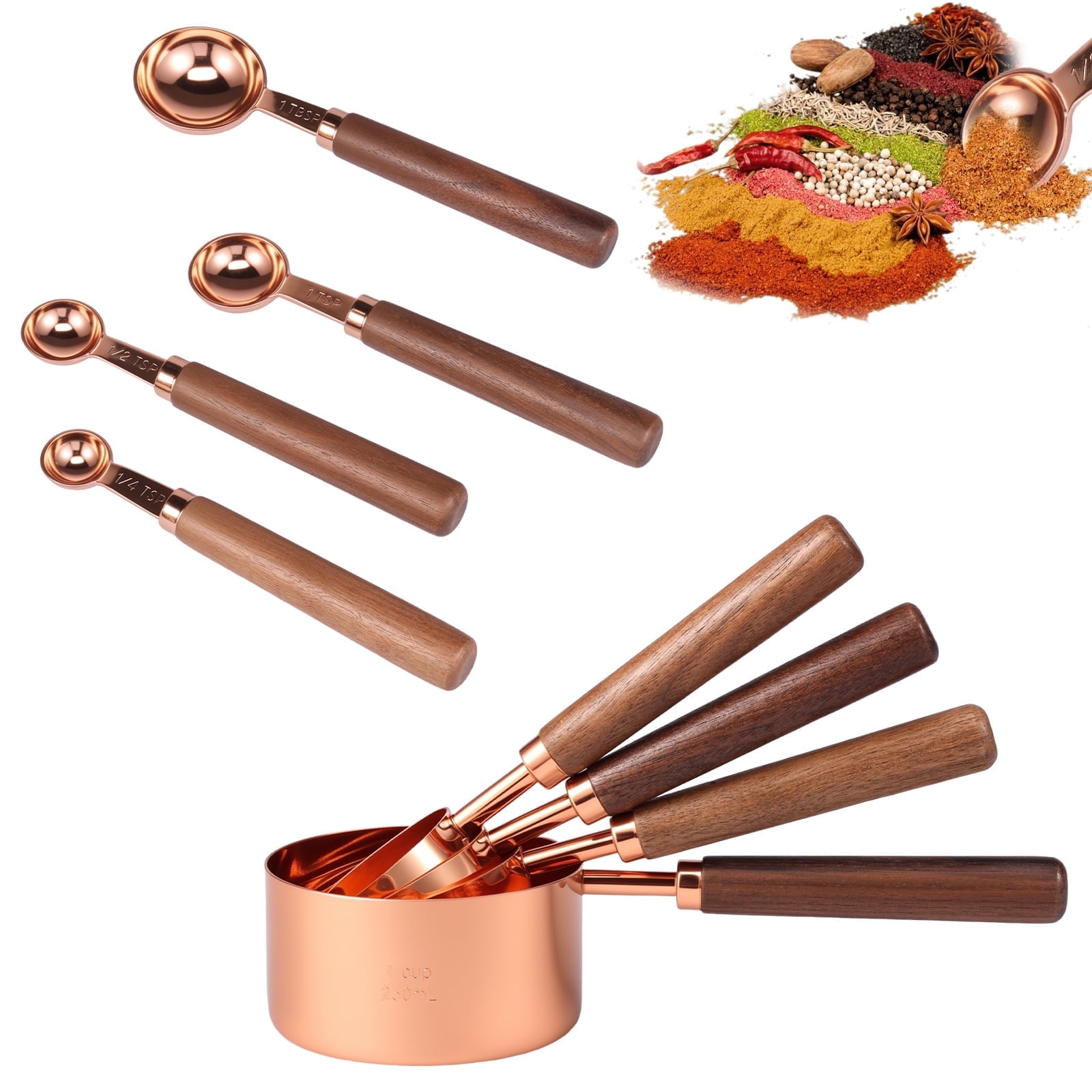 FUYGRCJ Measuring Cups and Spoons Set of 8, Golden Stainless Steel Measuring Cup with Wooden Handle, Measuring Spoons Set with Engraved Markings, Nesting Kitchen Measure Set for Cooking and Baking