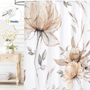 Dznils Brown Floral Fabric Shower Curtain with Hooks, Modern Watercolor Bathroom Curtain, 72" x 72"