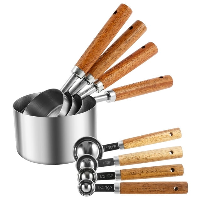 FUYGRCJ 8PCS Measuring Cups and Spoons Set, Stainless Steel Measuring Set with Wood Handles, Stackable Measuring Spoons Set, Precision Measuring Cup Set for Home Kitchen Cooking Baking