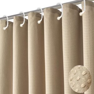 Dznils Waffle Shower Curtain with Hooks, Thick Weighted Fabric Bathroom Curtain, Beige, 72" x 72"