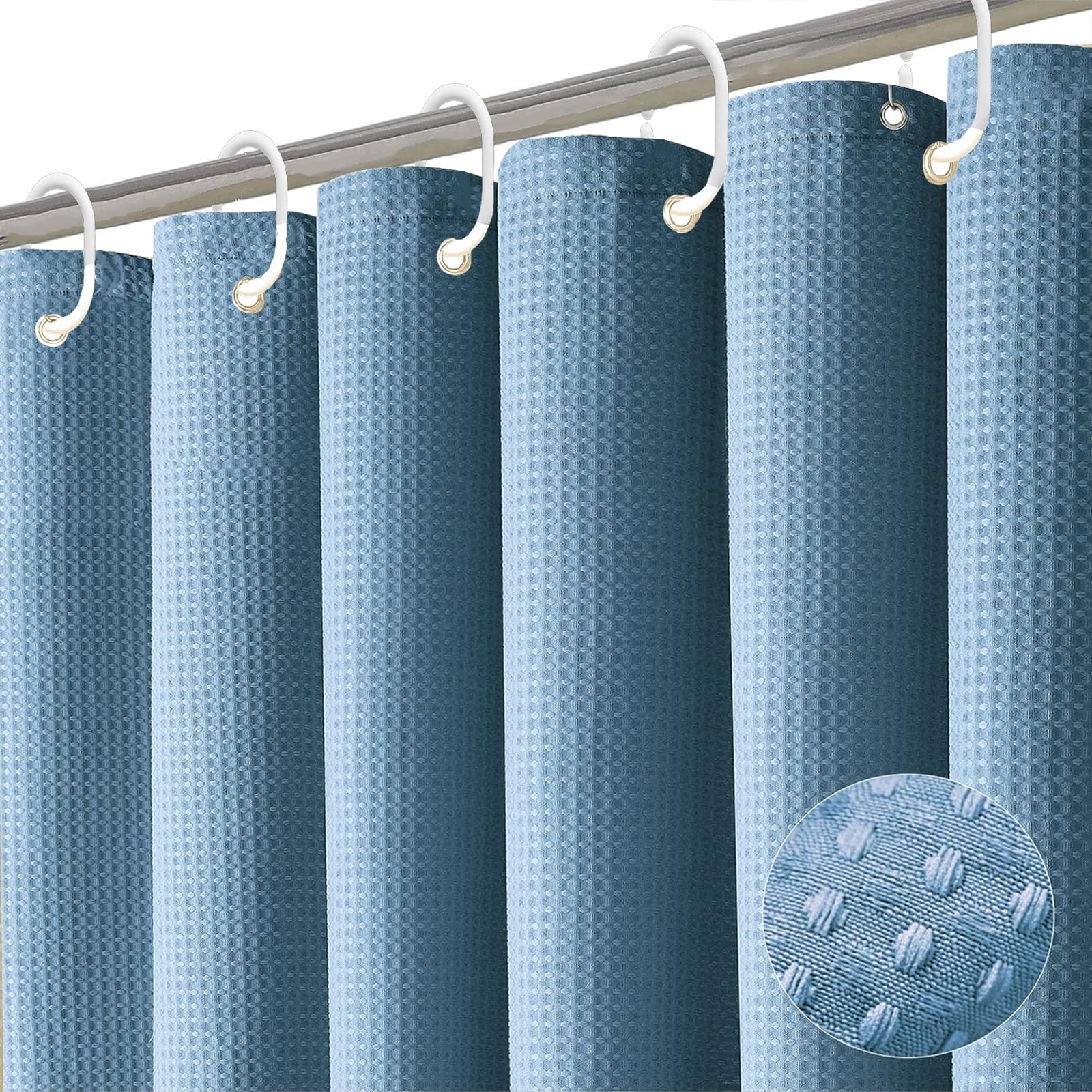 Dznils Waffle Shower Curtain with Hooks, Thick Weighted Fabric Bathroom Curtain, Moonlight Blue, 72" x 72"