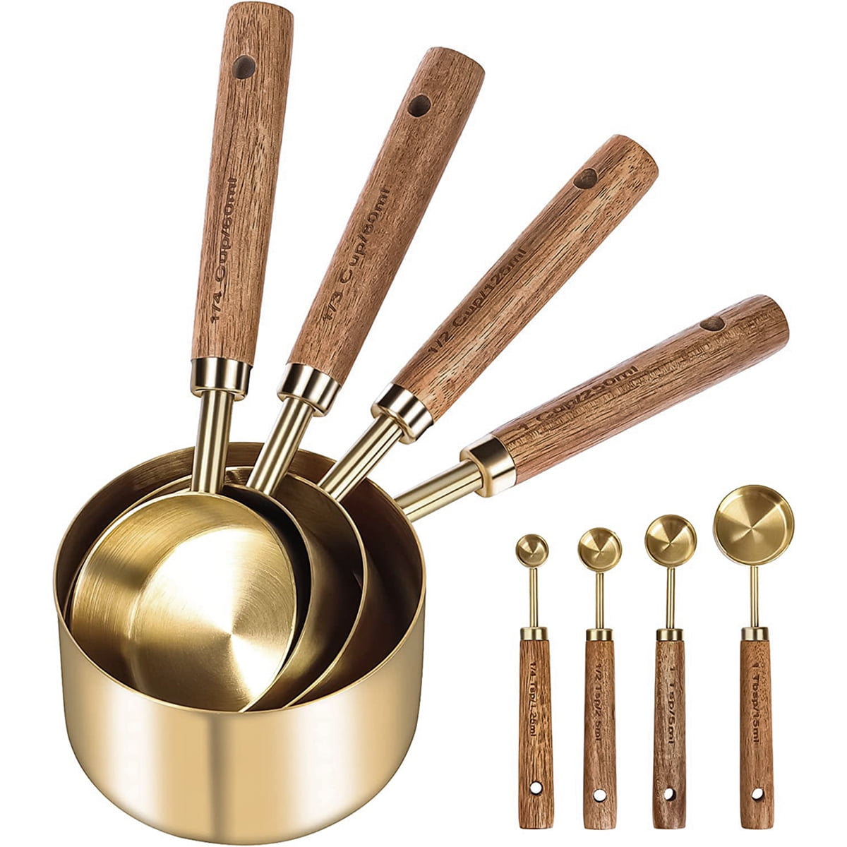 FUYGRCJ Measuring spoons and cups gold of 8, Wood Handle with Metric and US Measurements, Gold mesuring cups, Gold