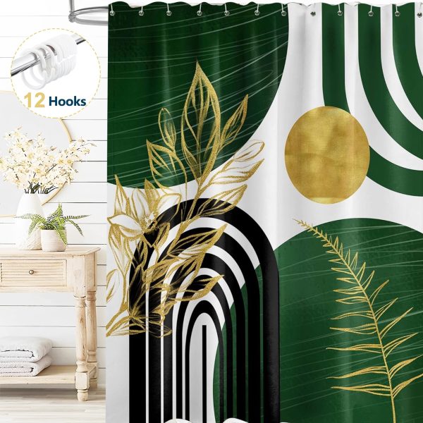 Dznils Boho Shower Curtain with Hooks, Modern Abstract Fabric Bathroom Curtain, 72" x 72", Green