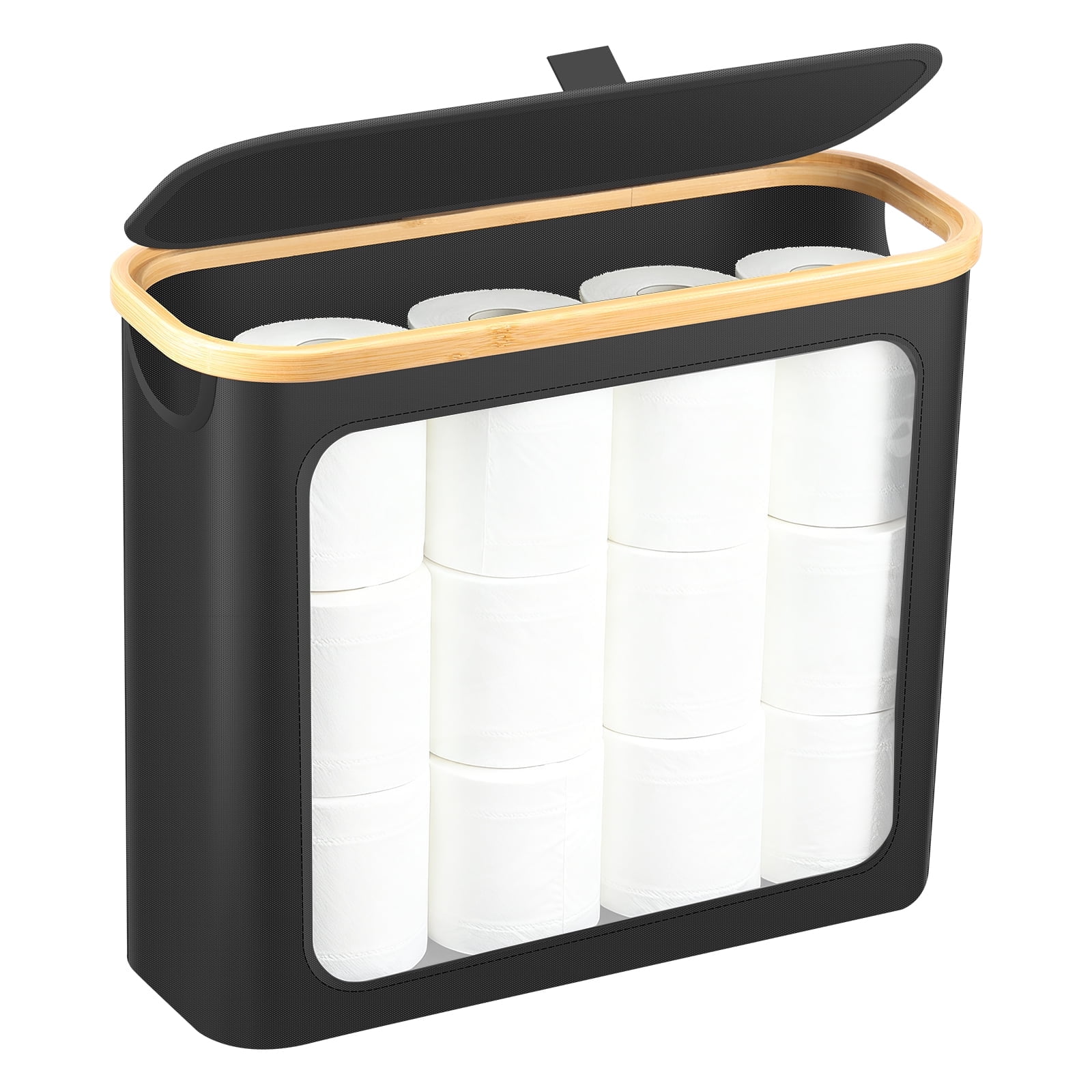 Dznils Toilet Paper Holder with Bamboo Lid for Bathroom Storage, Foldable and Waterproof, Up to 12 Rolls, Black