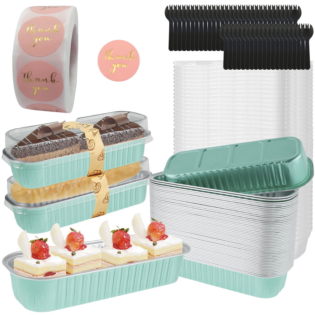 FUYGRCJ 50Pcs Mini Loaf Pans with Lids and Spoons 6.8oz Rectangle Aluminum Foil Baking Pans Reusable Mini Bread Containers Muffin Tins Heat-Resistant Narrow Cake Pans for Mini Brownie Cake Bread