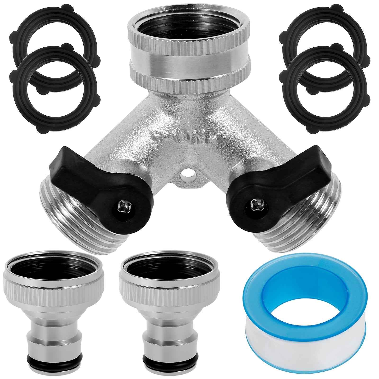 FUYGRCJ Heavy Duty Solid Brass Splitter, Garden Hose Manifold Connector, 2 Valves Y Splitter Adapter for Water Faucet & Spigot, 2 Connectors 4 Rubber Washers and 1PC Tape