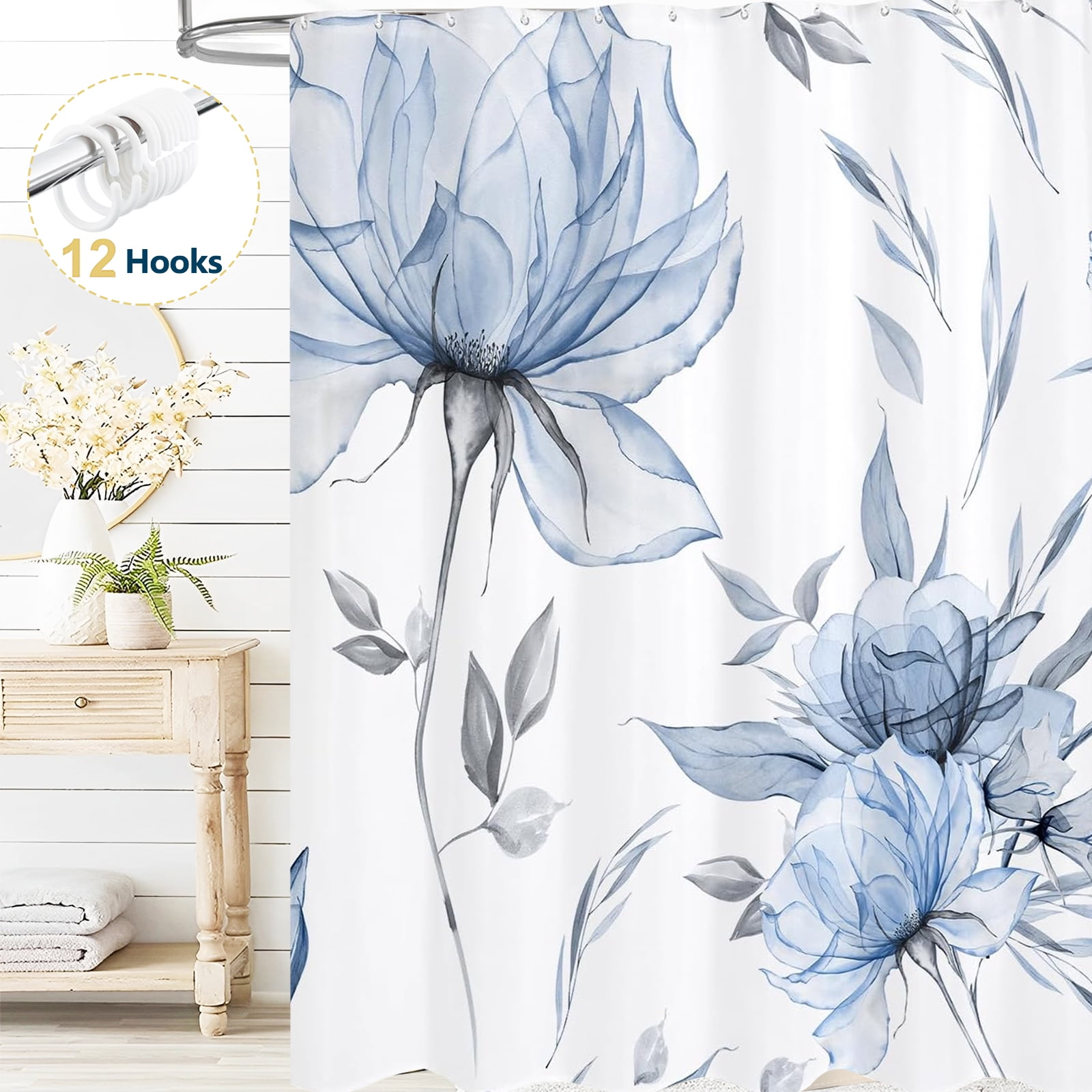 Dznils Blue Floral Fabric Shower Curtain with Hooks, Modern Watercolor Bathroom Curtain, 72" x 72"