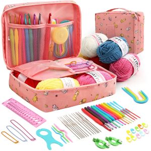 FUYGRCJ 59PCS Crochet Kit with Yarn and Knitting Accessories Set, Cute Knitting Crochet Starter Kit, Ergonomic Crochet Hooks Kit for Beginners, Include Lace Crochet Needles, Crochet Yarn Balls