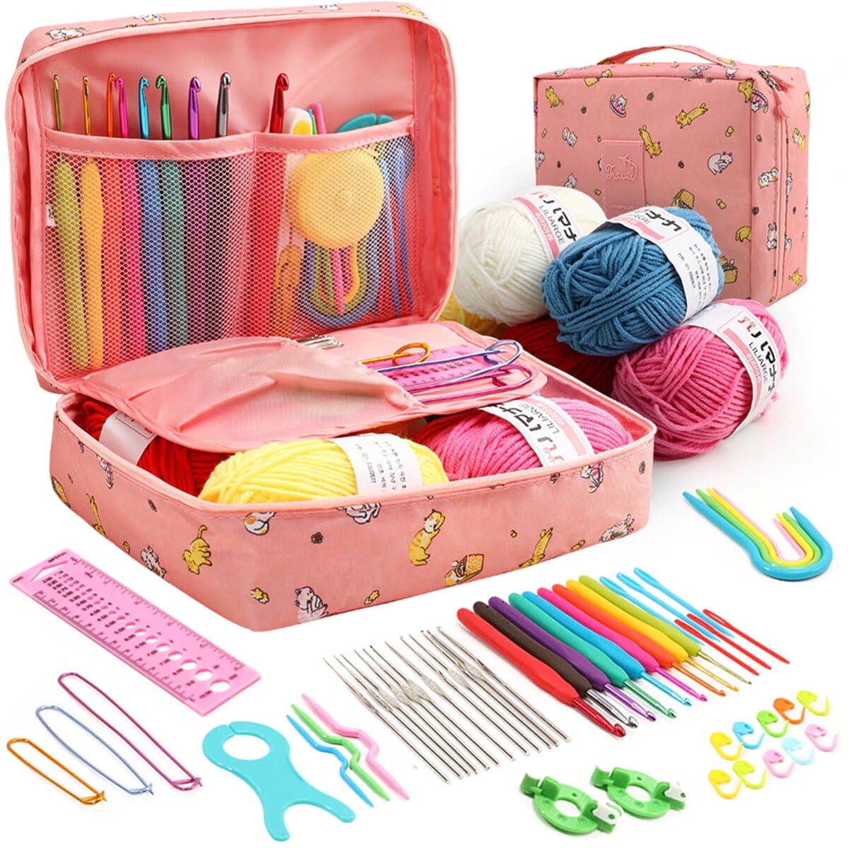FUYGRCJ 59PCS Crochet Kit with Yarn and Knitting Accessories Set, Cute Knitting Crochet Starter Kit, Ergonomic Crochet Hooks Kit for Beginners, Include Lace Crochet Needles, Crochet Yarn Balls