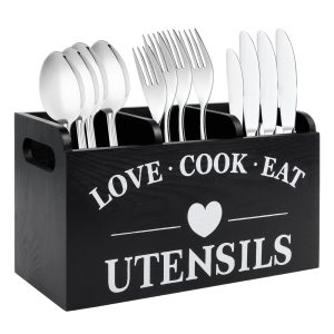 Txkrhwa 3 Compartments Wooden Kitchen Utensil Holder, Sturdy Silverware Caddy Organizer Holder, Farmhouse Wood Cooking Utensil Stand, for Farmhouse Kitchen Countertop