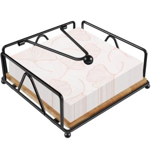 FUYGRCJ Napkin Holder for Table,Metal Kitchen Napkin Holder with Weighted Tension Arm,Standing Napkin Holders for Paper Napkins with Wood Base,7??7??2.8 Inch