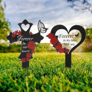 Txkrhwa 2PCS Cross Grave Markers for Cemetery Decoration Memorial Gift, Acrylic Memorial Stakes for Cemetery, Sympathy Garden Stake Cemetery Memorial Sign Outdoor Floor Mount for Yard Garden