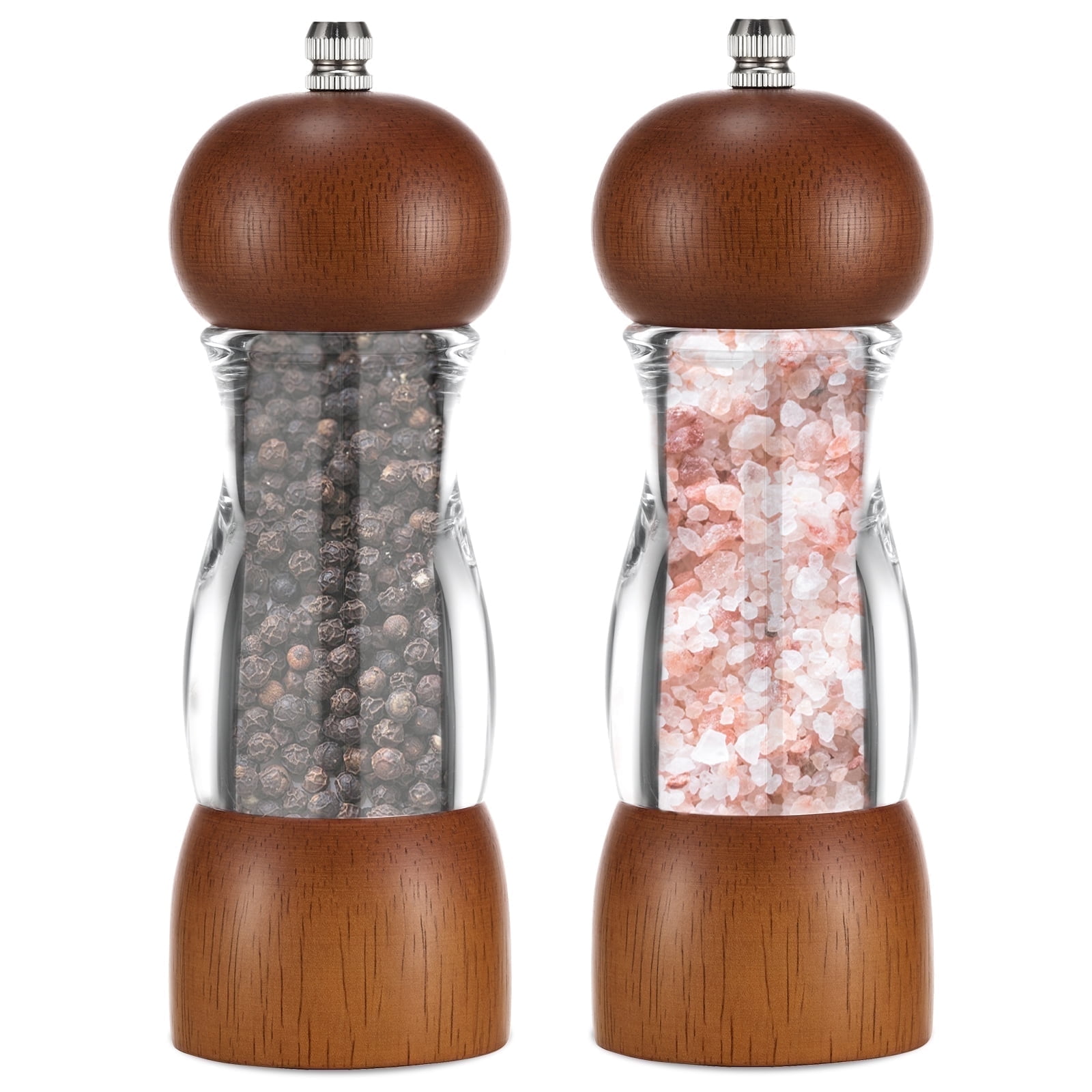 FUYGRCJ 2PCS 6.5 inch Salt and Pepper Grinder Set, Manual Salt and Pepper Mills with Acrylic Window, Oak Wooden Shakers with Adjustable Ceramic Core, Salt Grinder and Pepper Mill with Adjustable Core