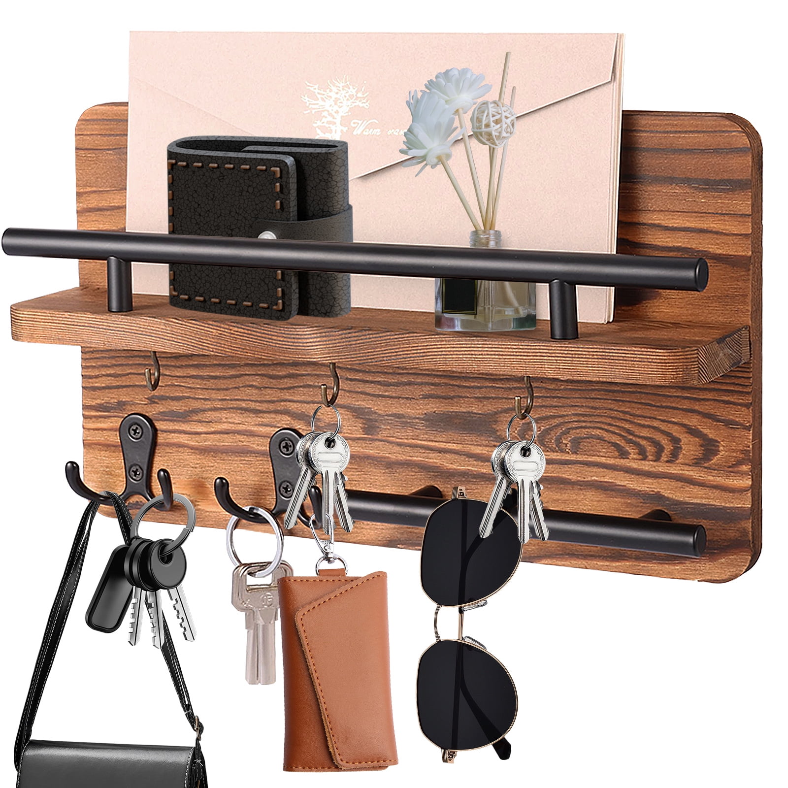 Txkrhwa Wall Mounted Key Holder Hanger, Wooden Key Holder Rack, Mail Organizer Holder with Shelf, Sunglass Storage Shelf with 7 Key Hooks, Rustic Home Decor for Entryway Hallway Office