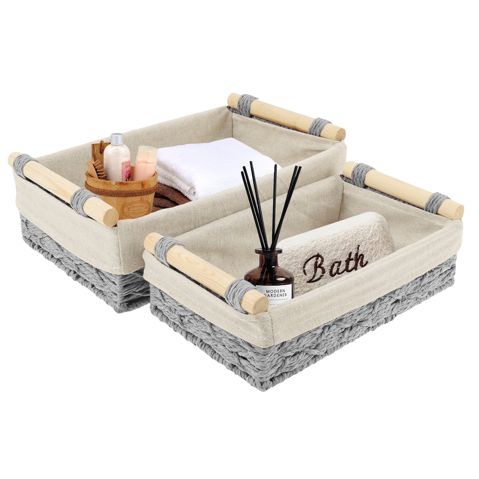 Dznils Wicker Toilet Paper Storage Basket with Handle, Bathroom Towel Organizer, Gray, Set of 2