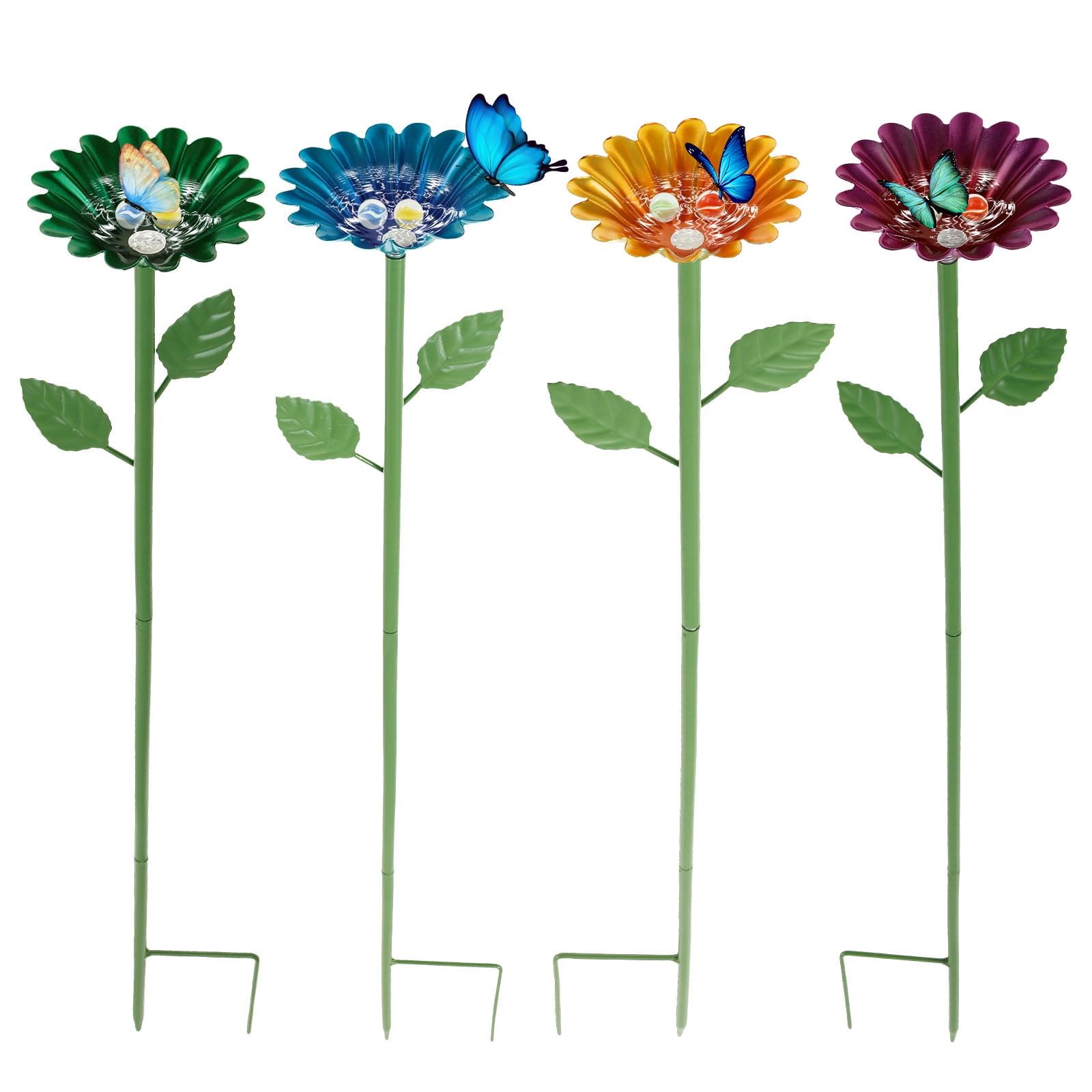 FUYGRCJ 4PCS Bee Watering Station, Iron Bee Water Feeder with Glass Marble and Flower Design, Practical Bird Watering Station for Outdoor Garden Yard
