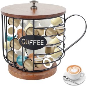 Txkrhwa Coffee Pod Holder, Large Coffee Filter Holder Basket With Lid, Coffee Pod Storage Organizer, K Cup Pod Storage Holders For Counter, Coffee Bar Accessories Decor with Wooden Base