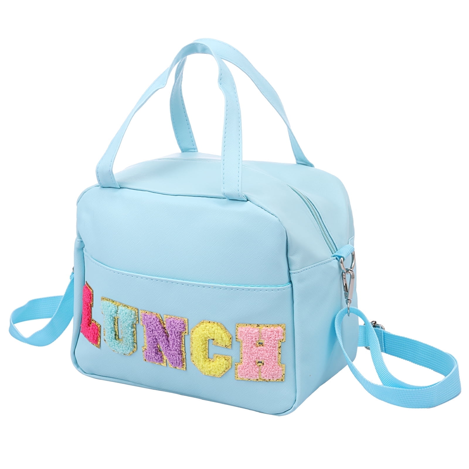 Qenwkxz Lunch Bag with Handle and Adjustable Shoulder Strap Reusable Lunch Tote Bag with Embroidery Letters for Work School Outdoor Picnic Blue