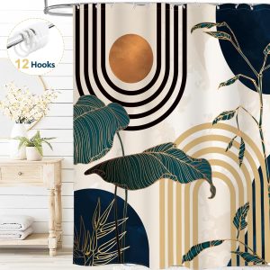 Dznils Boho Shower Curtain with Hooks, Modern Abstract Fabric Bathroom Curtain, 72" x 72", Blue Gold