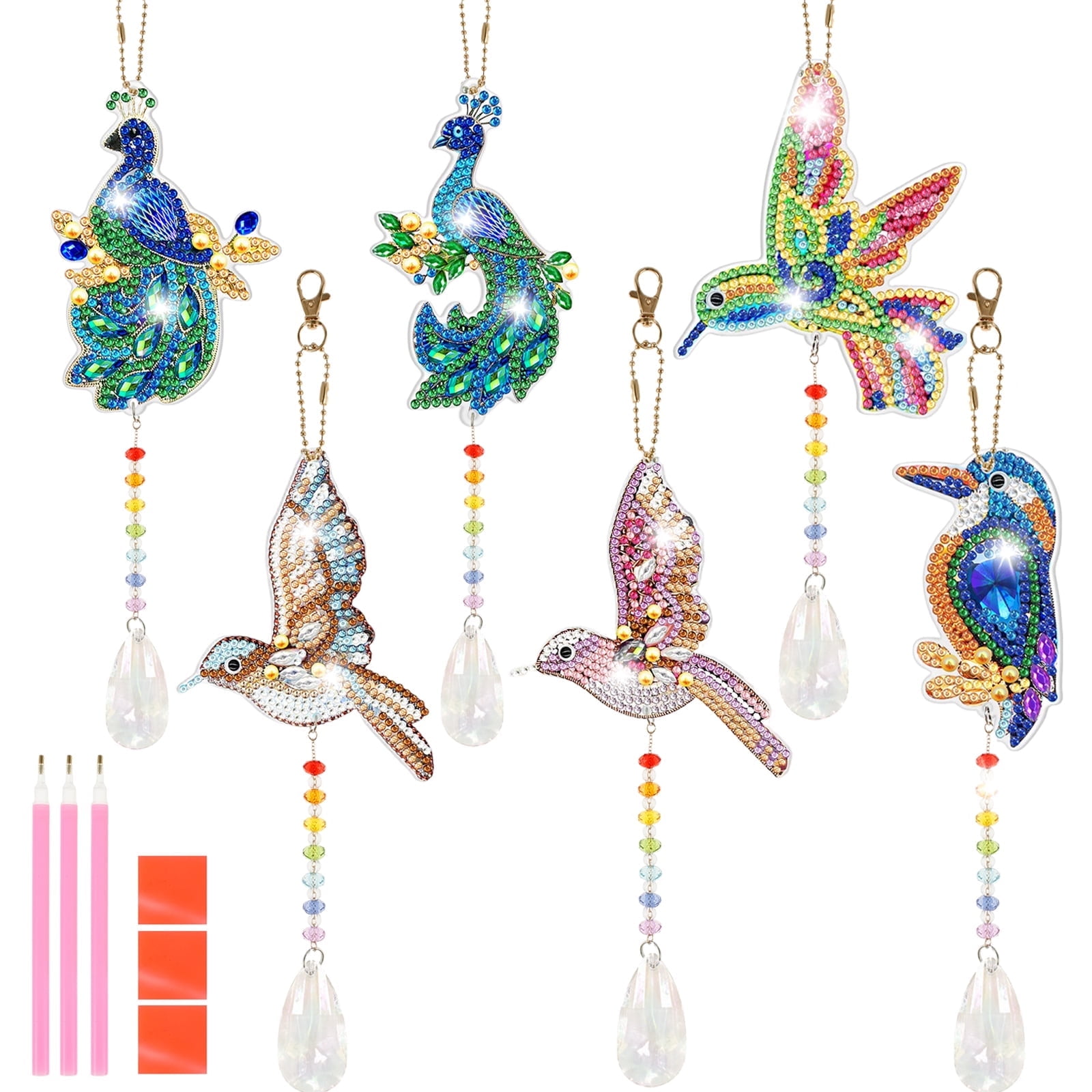 FUYGRCJ 6PCS Diamond Painting Suncatcher Wind Chime Hummingbird Diamond Painting Kits 5D Double Sided Hanging Ornaments with Crystal Pendant for Adults Kids Home Garden Window Decoration