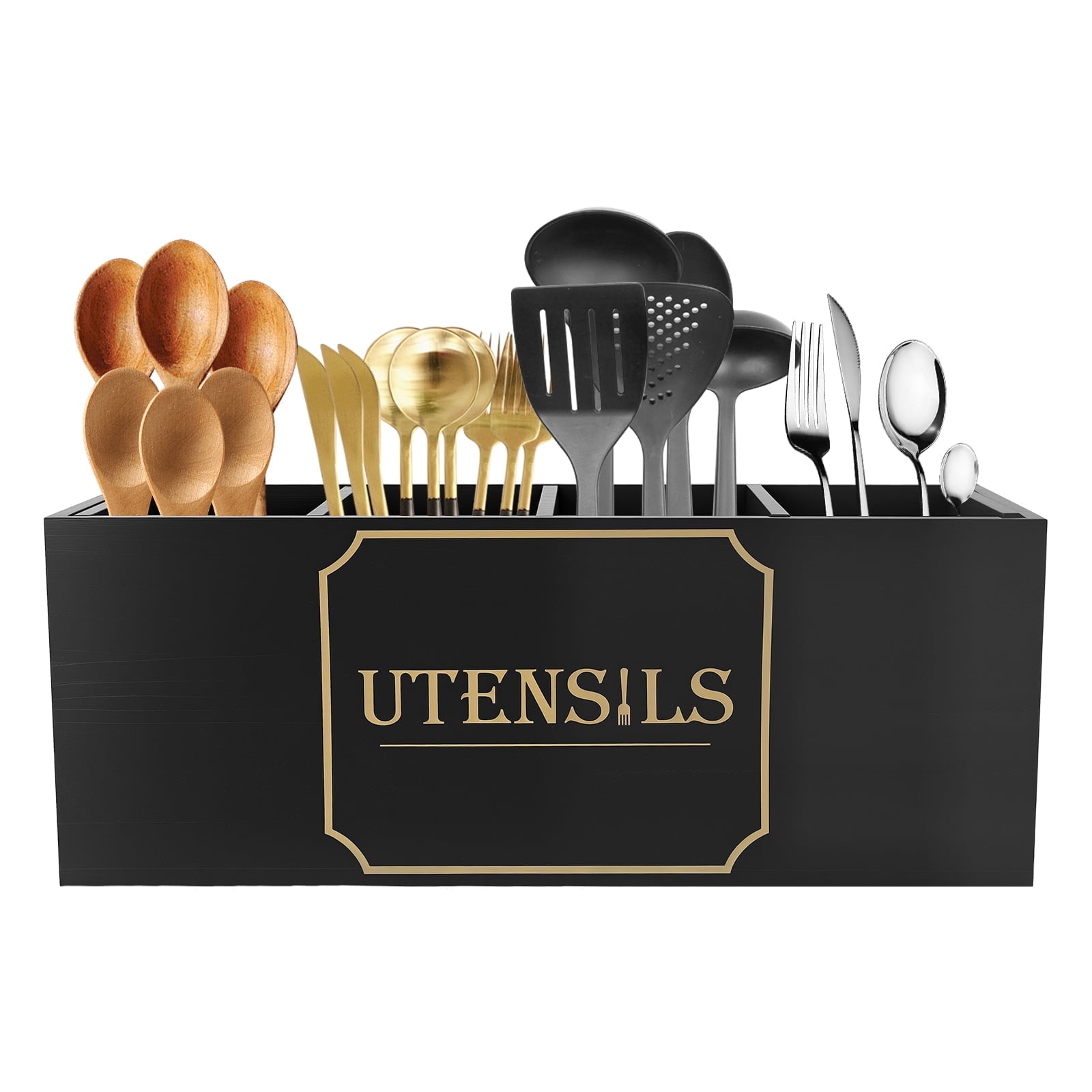 FUYGRCJ Kitchen Utensils Holder with 4 Compartments, Wooden Utensil Organizer for Kitchen Countertop, Farmhouse Decor and Utensil Crock, Extra Large Rustic Countertop Organizer for Cooking Tools