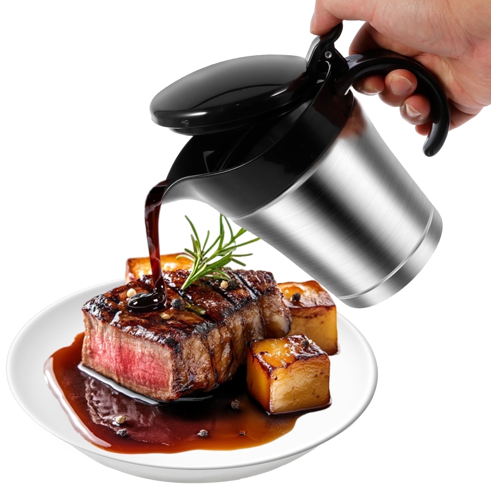 Txkrhwa 16 Oz Gravy Warmer Pitcher, Double Insulated Gravy Boat, Stainless Steel Gravy Sauce Jug with Plastic Hinged Lid, for Family Dinner Thanksgiving, Halloween, Christmas, Birthday Party