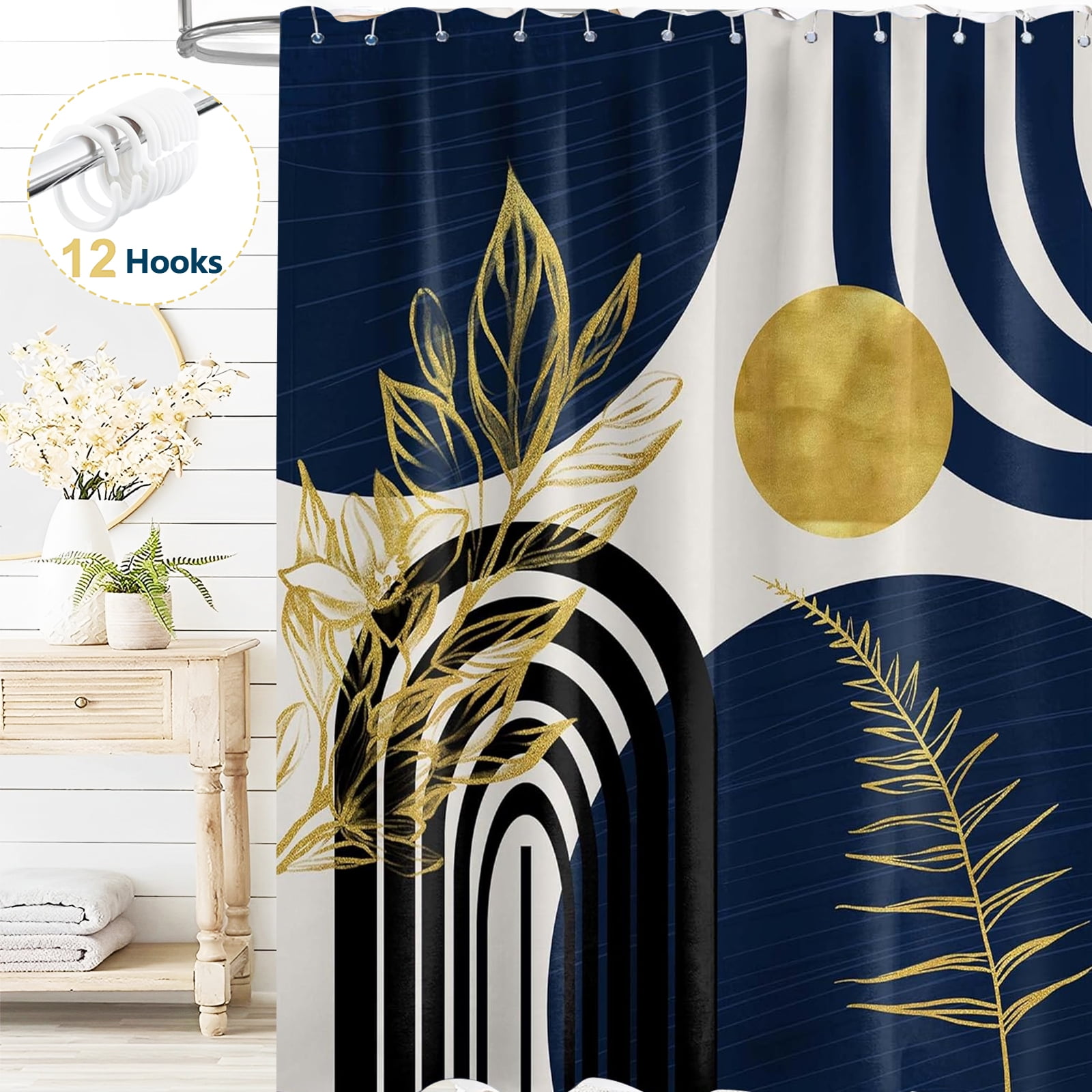 Dznils Boho Shower Curtain with Hooks, Modern Abstract Fabric Bathroom Curtain, 72" x 72", Blue