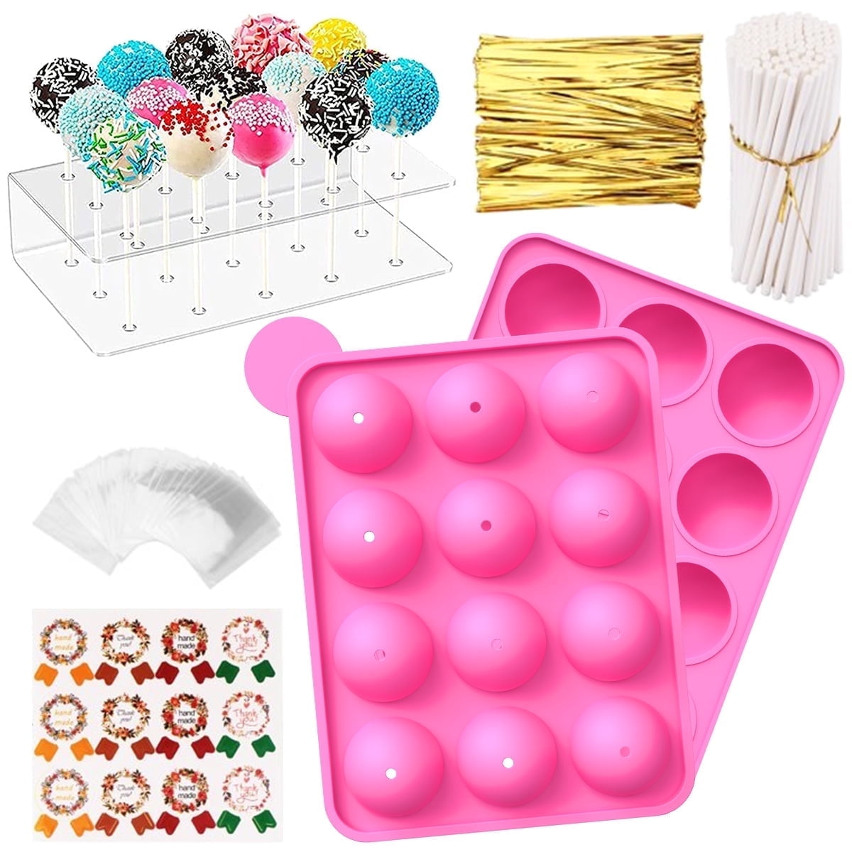 Qenwkxz 311pcs Cake Pop Maker Kit Silicone Cake Pop Moulds 15-Hole Acrylic Lollipop Holder Zollipops Bag and Twist Ties Treat Sticks for Lollipop Candy Sucker Chocolate Pink 5.91*7.48in
