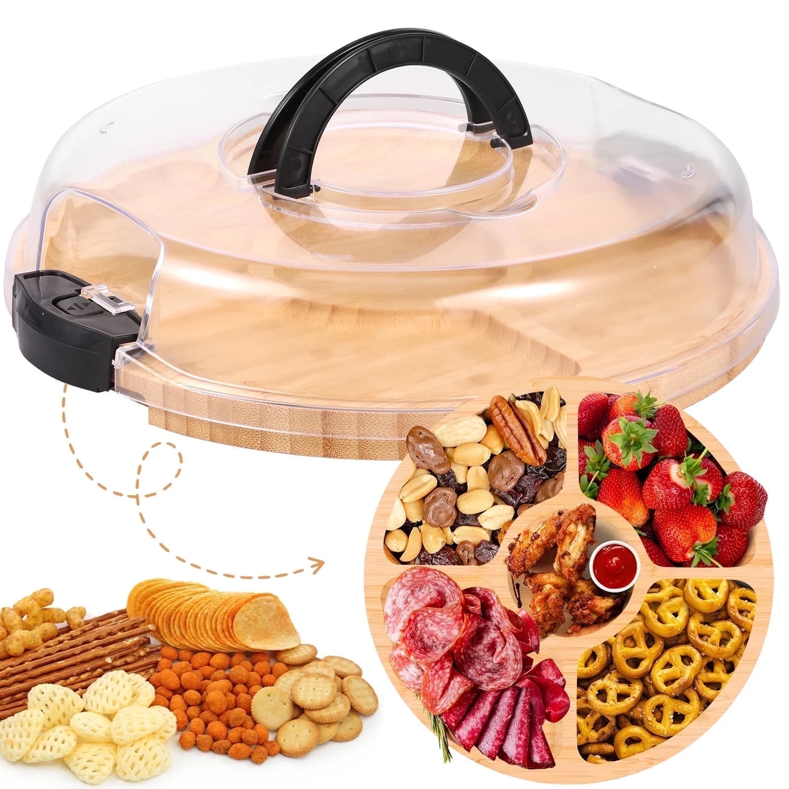 Ihvewuo Cheese Board Covered Fruits Platter Serving Tray Round Charcuterie Board with Lid Large Capacity Divided Design for Party Picnic Camping