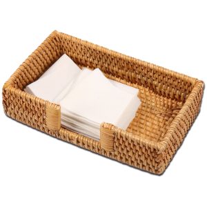 FUYGRCJ Natural Rattan Napkin Holder, Table Wicker Napkin Tray, Square Cocktail Napkin Holders, Rustic Napkin Holder for Kitchen Dining Table Counter Vintage Napkin Basket for Picnic Wedding Party