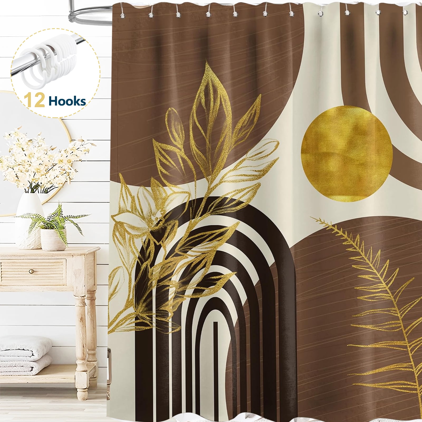 Dznils Boho Shower Curtain with Hooks, Modern Abstract Fabric Bathroom Curtain, 72" x 72", Brown