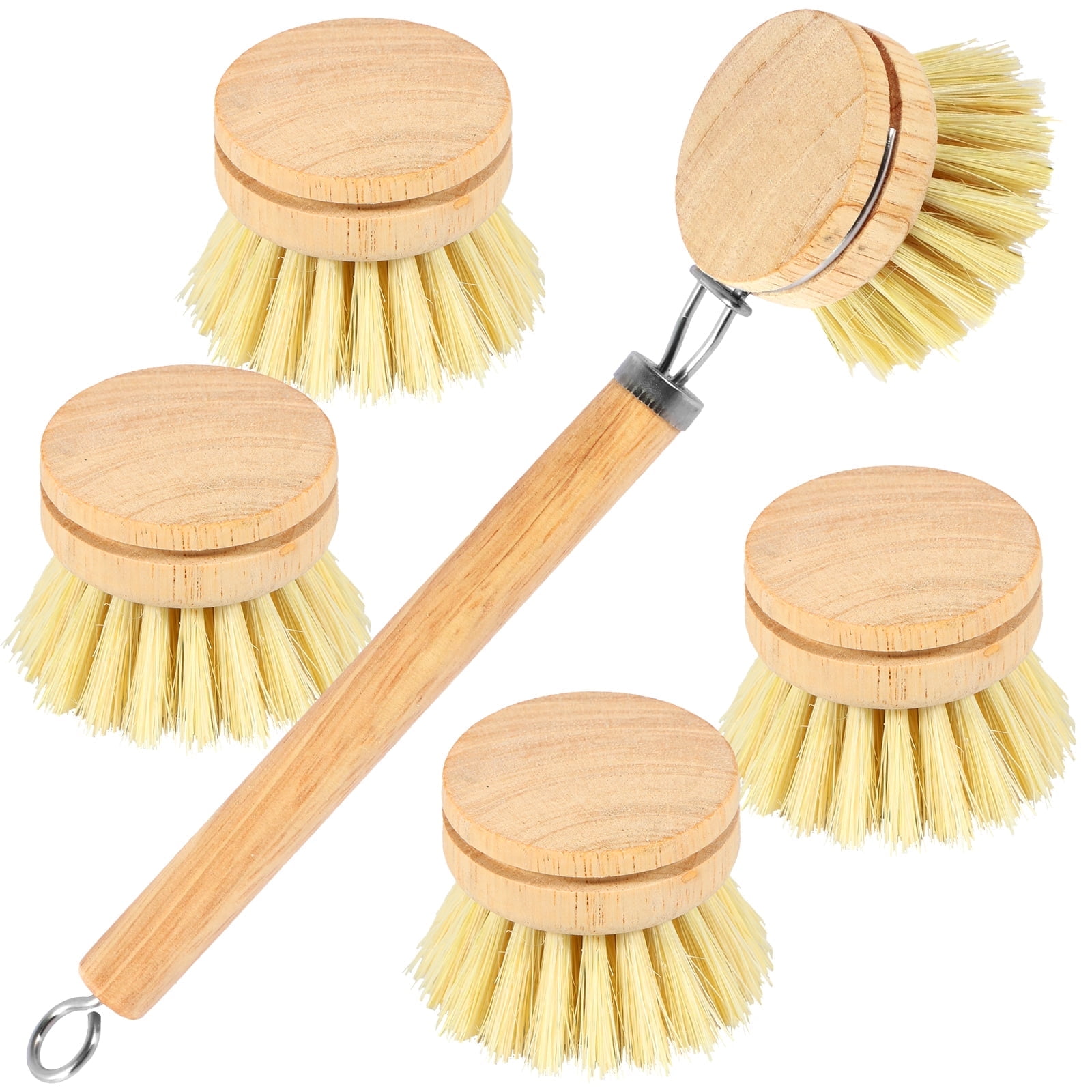 Txkrhwa 5PCS Bamboo Dish Brushes Set, Kitchen Clean Dish Scrubber, Wooden Natural Bristle Dish Brushes, with 4 Replacement Heads for Washing and Cleaning Pot Pan Dish Bowl