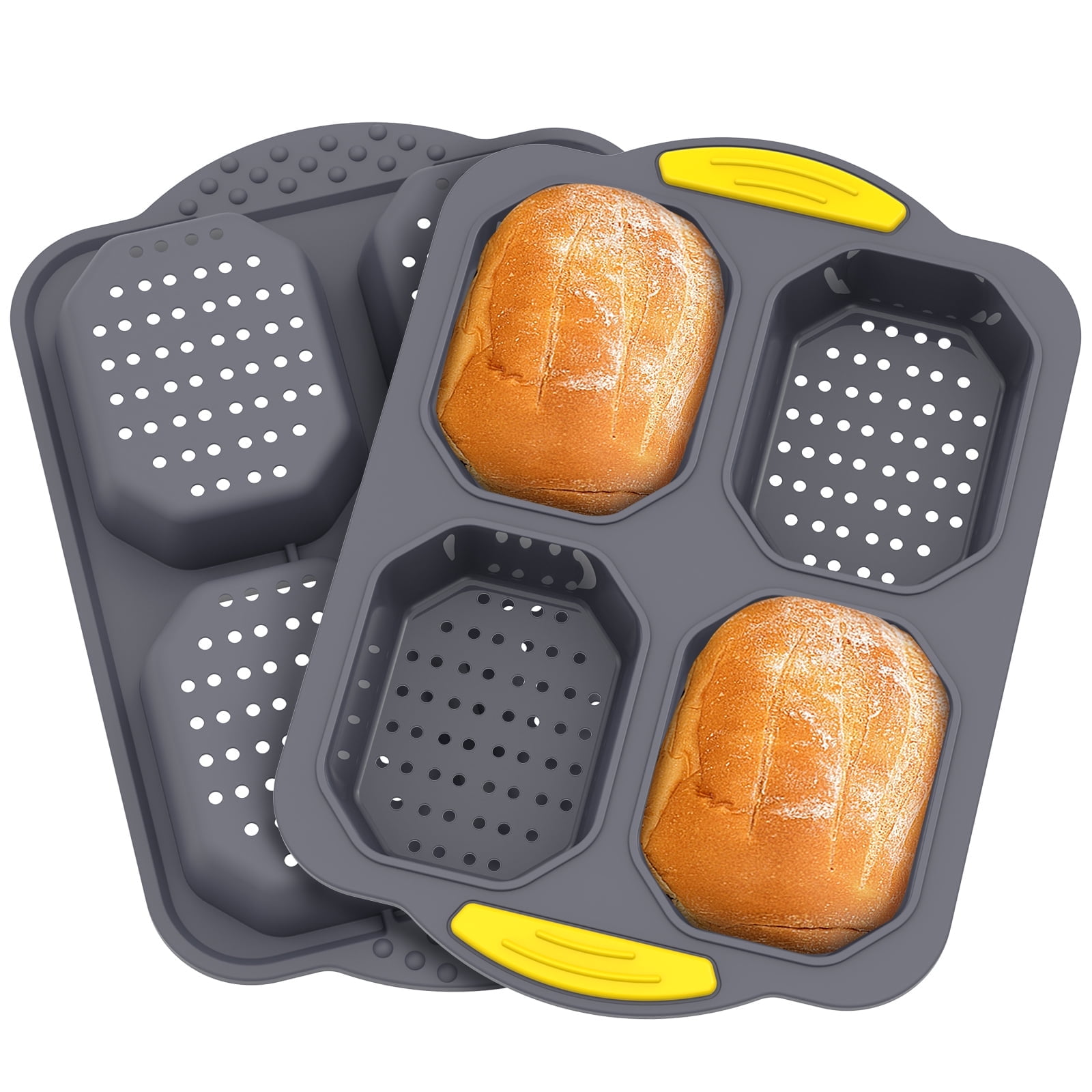 Txkrhwa 2PCS Baking Tray Loaf Pan Mould, Silicone French Bread Loaf Pan, Non Stick Bread Pan with 4 Cavity Bun Mold, Easy to Release Household Silicone Food Baking Tea Romantic Food Tool