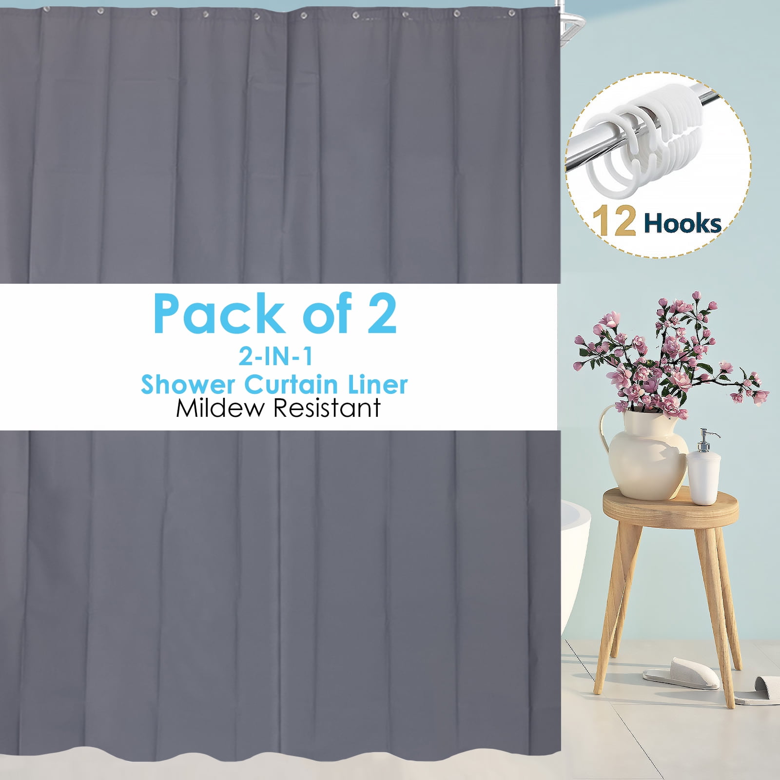 Dznils Extra Long Gray PEVA Shower Curtain Liner with Hooks Mildew Resistant, 70" W x 78" H, 2 Pack