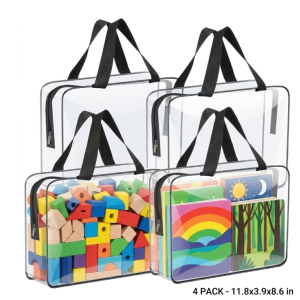 Qenwkxz 4PCS Toy Storage Bags Clear PVC Organizing Bags with Zipper Portable Handheld Toy Organizer Waterproof for Building Blocks Board Games Cosmetic 11.81*3.94*8.66in Black