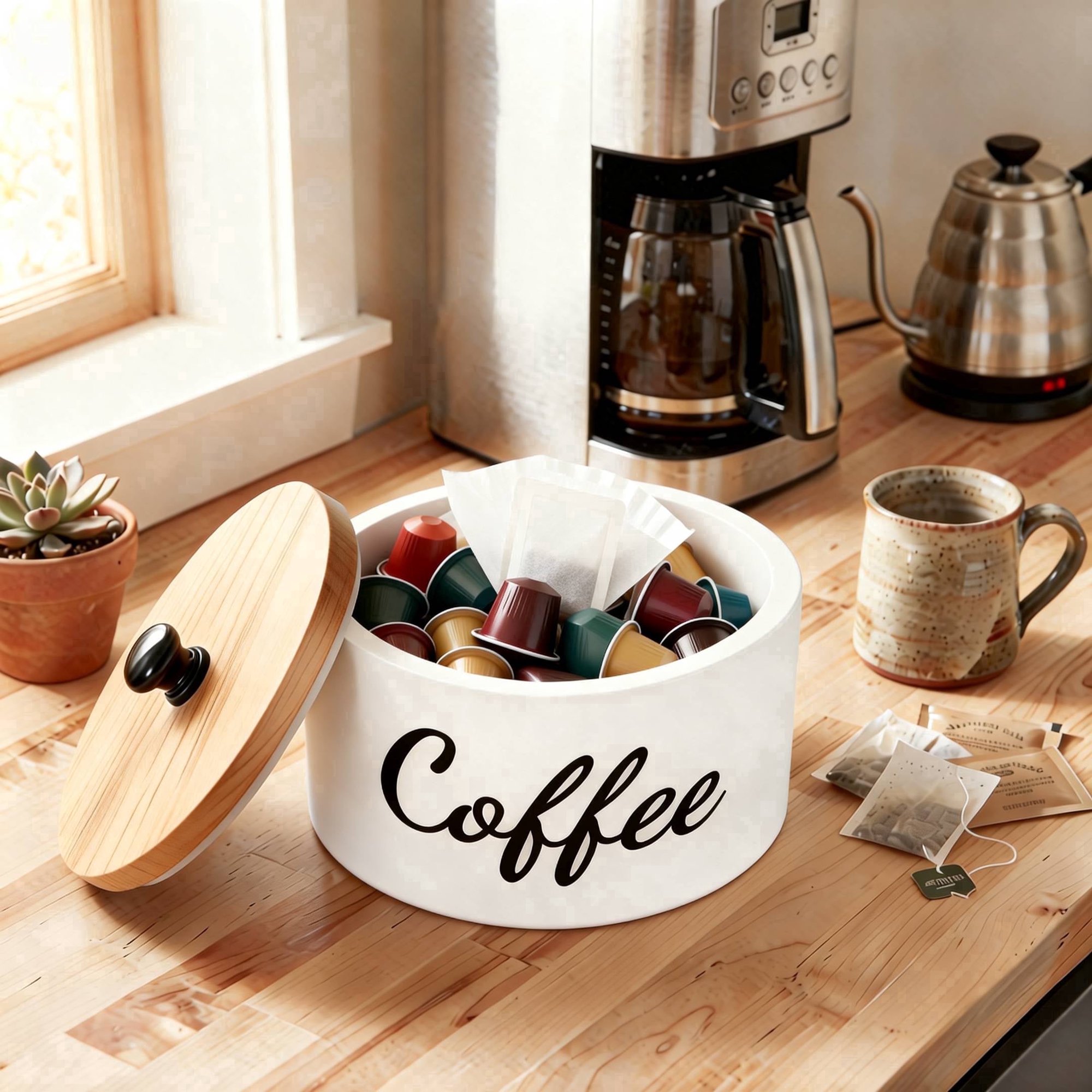 Tzdxfgl Wood Coffee Filter Holder with Lid, Large Capacity Coffee Filter Storage Case Dispenser, Rustic Storage Basket for Coffee Filters, Pods, & Tea Bags, Coffee Bar Accessories