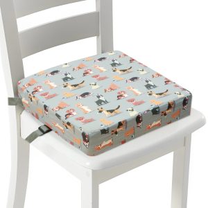 Dznils Toddler Booster Seat for Dining Table, with Safety Buckles, Non-Slip Bottom, Gray Dog