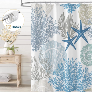 Dznils Nautical Coastal Fabric Shower Curtain, Blue White Bathroom Curtain with 12 Hooks, 72" x 72"
