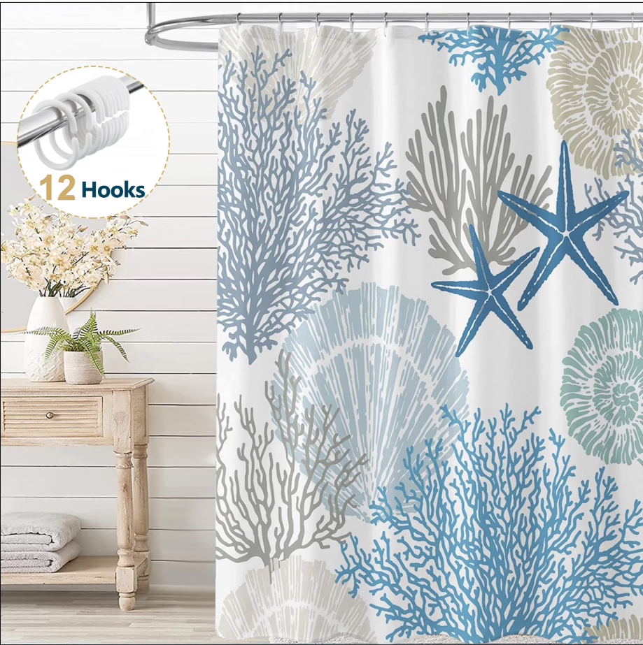 Dznils Nautical Coastal Fabric Shower Curtain, Blue White Bathroom Curtain with 12 Hooks, 72" x 72"