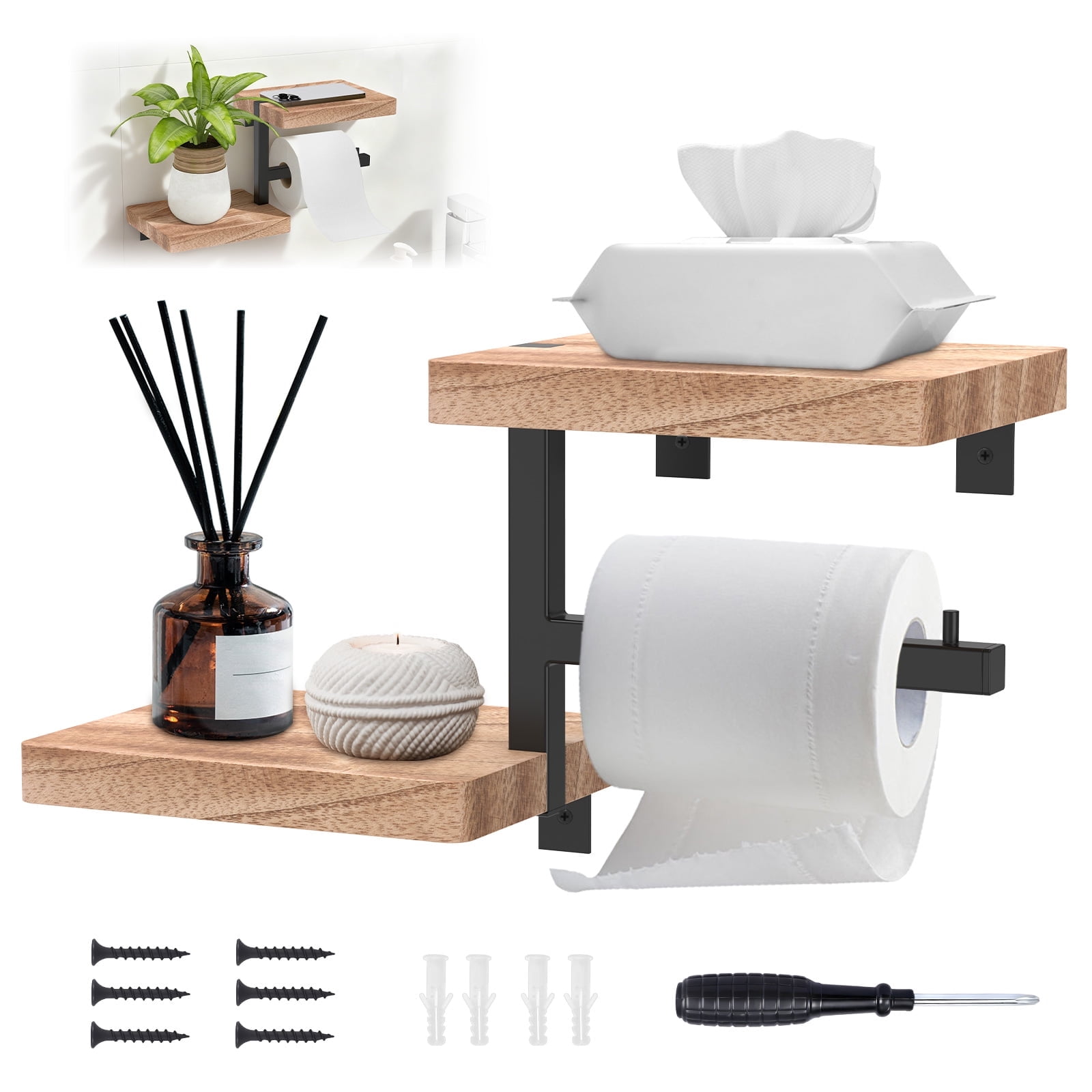 Lzvxtym Decorative Toilet Paper Holder with Shelf Multifunctional Solid Wood Toilet Paper Holder for Home Apartment Bathroom Bar