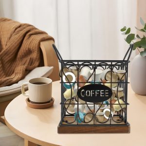 AEVXKHI K Cup Storage Organizer, Coffee Pod Holder with Wooden Base, Coffee Capsule Metal Basket, Coffee Bar Accessories for Kitchen Office Cafe