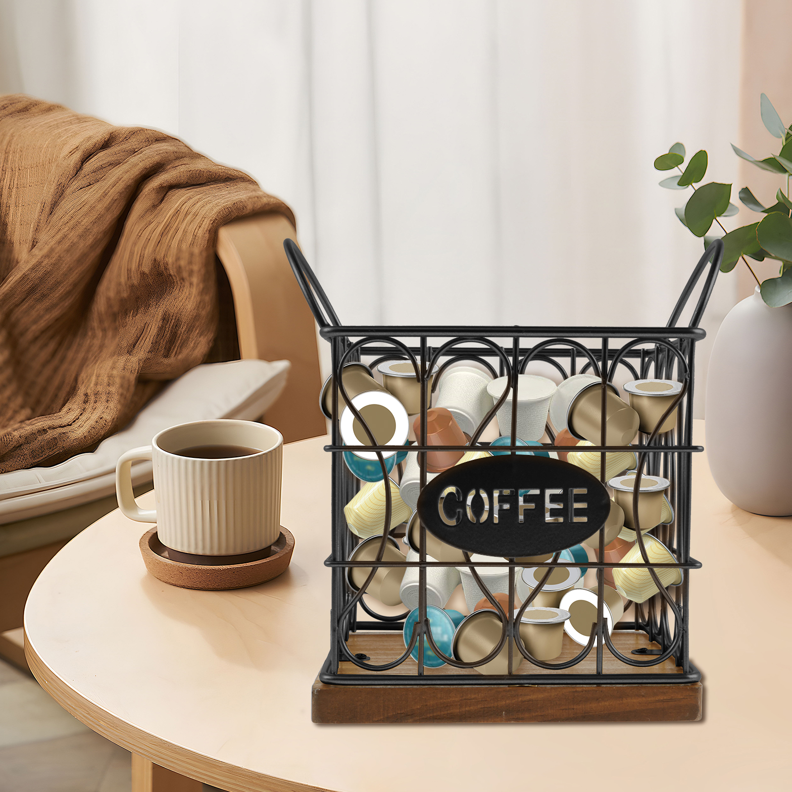 AEVXKHI K Cup Storage Organizer, Coffee Pod Holder with Wooden Base, Coffee Capsule Metal Basket, Coffee Bar Accessories for Kitchen Office Cafe