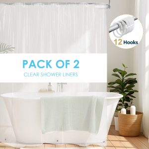 Dznils Extra Long Clear PEVA Shower Curtain Liner with Hooks Mildew Resistant, 70" W x 78" H, 2 Pack