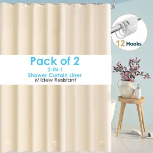 Dznils Extra Long Beige PEVA Shower Curtain Liner with Hooks Mildew Resistant, 70" W x 78" H, 2 Pack