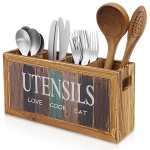 Tzdxfgl Wood Kitchen Utensil Holder for Countertop, 12" Extra Large Silverware Organizer with 4 Compartments, Brown