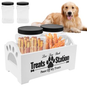 NUAHRHY Wood Cat Dog Food Treat Storage Container Organizer with 2 Plastic Dog Treat Containers Jars Reusable Decorative Holder 9.06x5.12x4.92" White