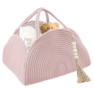 NUAHRHY Diary Baby Diaper Caddy Organizer Cotton Rope Basket Large Storage Basket Bags for Newborn Boys Girls Gift Baby Shower List Essentials Pink